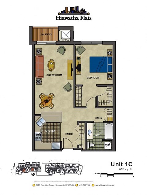 Floor plan for 1 bed, 1 bath, 802 sqft
