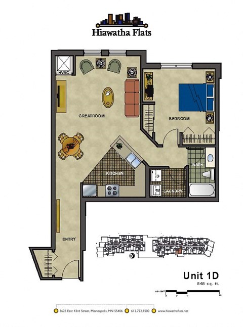 Floor plan for 1 bed, 1 bath, 848 sqft