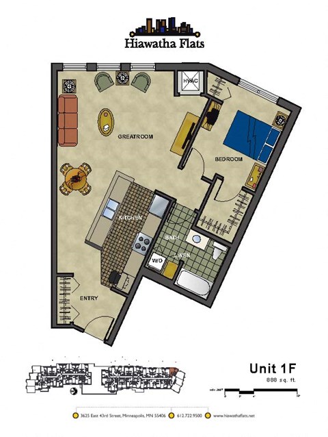 Floor plan for 1 bed, 1 bath, 888 sqft