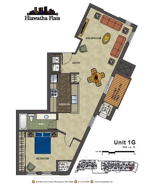 Floor plan for 1 bed, 1 bath, 900 sqft