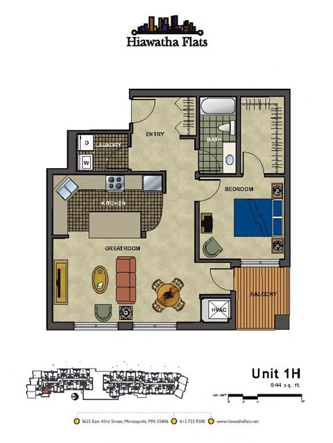 Floor plan for 1 bed, 1 bath, 844 sqft