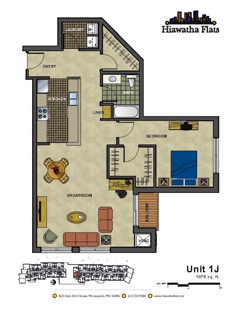 Floor plan for 1 bed, 1 bath, 1075 sqft
