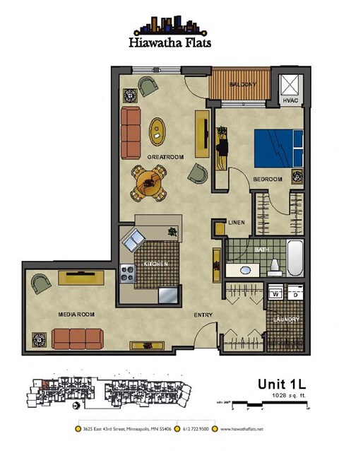 Floor plan for 1 bed, 1 bath, 1028 sqft