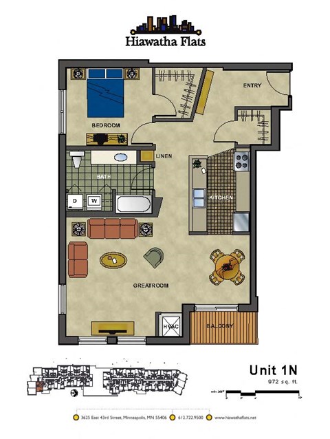 Floor plan for 1 bed, 1 bath, 972 sqft
