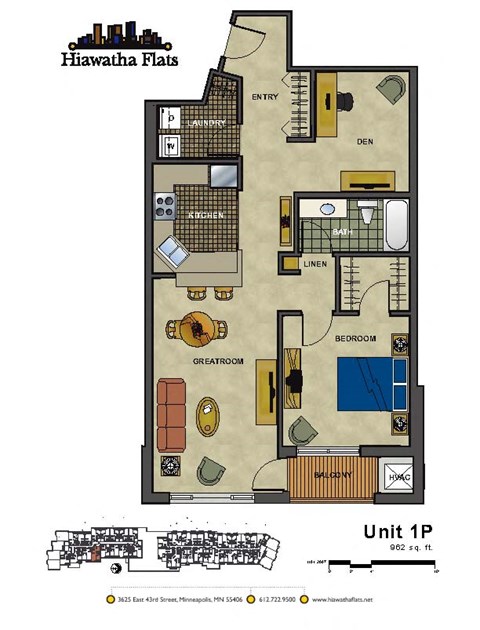 Floor plan for 1 bed, 1 bath, 962 sqft