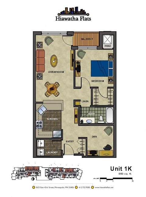 Floor plan for 1 bed, 1 bath, 860 sqft