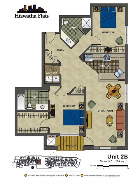Floor plan for 2 beds, 2 baths, 1239 sqft
