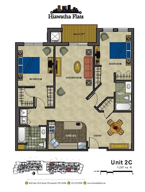 Floor plan for 2 beds, 2 baths, 1227 sqft