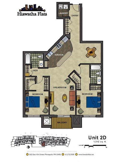 Floor plan for 2 beds, 2 baths, 1312 sqft