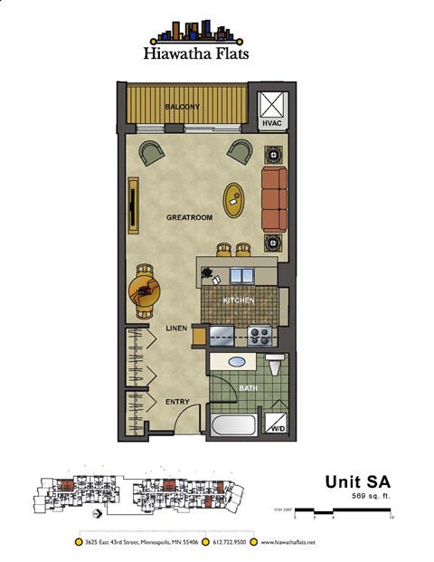 Floor plan for studio, 1 bath, 569 sqft