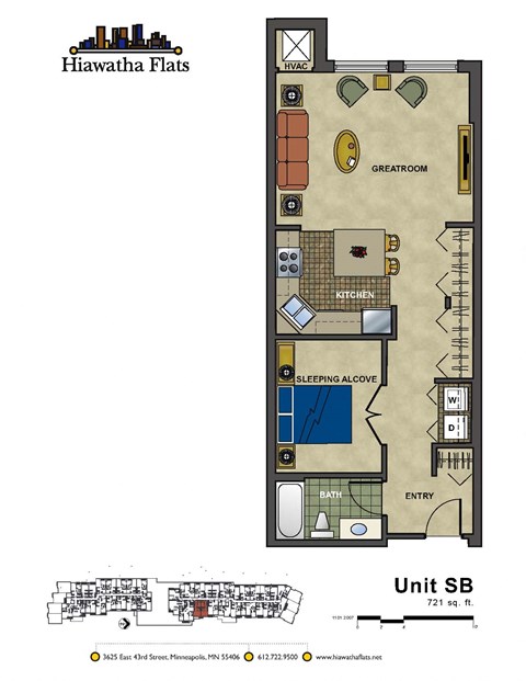 Floor plan for studio, 1 bath, 721 sqft