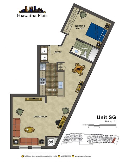 Floor plan for 1 bed, 1 bath, 900 sqft