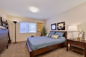 Minneapolis apartment for rent - a bedroom with a bed and a dresser and a window