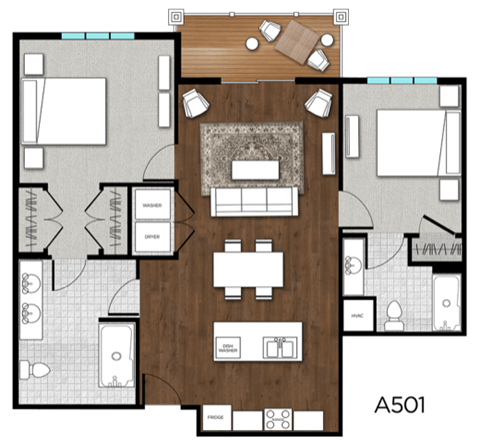 Floor plan for 2 beds, 2 baths, 1050 sqft
