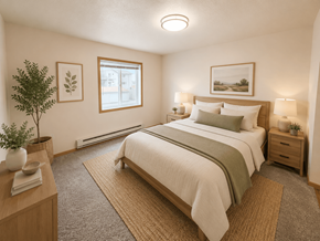 Fargo apartment for rent - A bedroom with a large bed and a small tree.