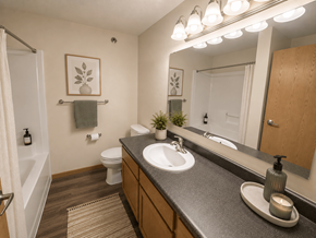 Fargo apartment for rent - A bathroom with a toilet, sink, and mirror.