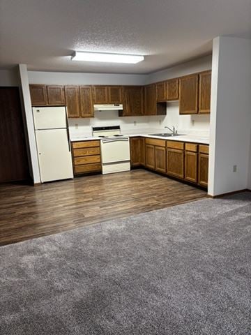West Fargo apartment for rent - A kitchen with wooden cabinets and a white fridge.