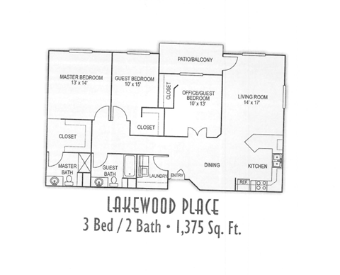 Floor plan for 3 beds, 2 baths, 1375 sqft