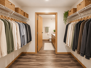 Fargo apartment for rent - A hallway with clothes hanging on racks and a mirror on the wall.