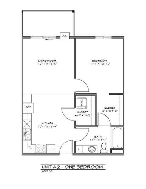 Floor plan for 1 bed, 1 bath, 659 sqft