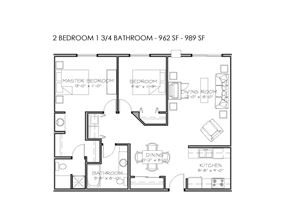 Fargo apartment for rent - A floor plan of a 2 bedroom 1 3/4 bathroom apartment.