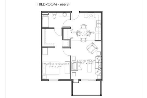 Floor plan for 1 bed, 1 bath, 727 sqft