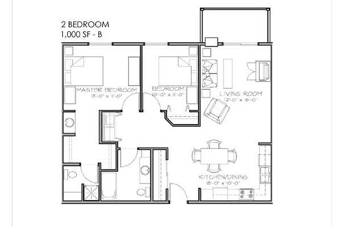 Floor plan for 2 beds, 2 baths, 1066 sqft