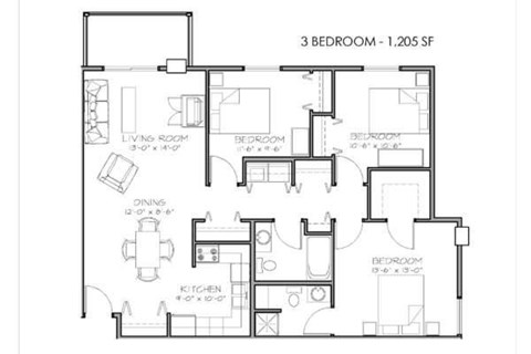 Floor plan for 3 beds, 2 baths, 1205 sqft