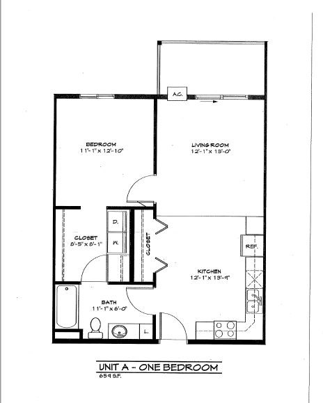 Floor plan for 1 bed, 1 bath, 659 sqft