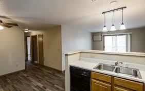 Bismarck apartment for rent - A kitchen with a black dishwasher and wooden cabinets.