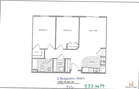 Floor plan for 2 beds, 1 bath, 912 sqft