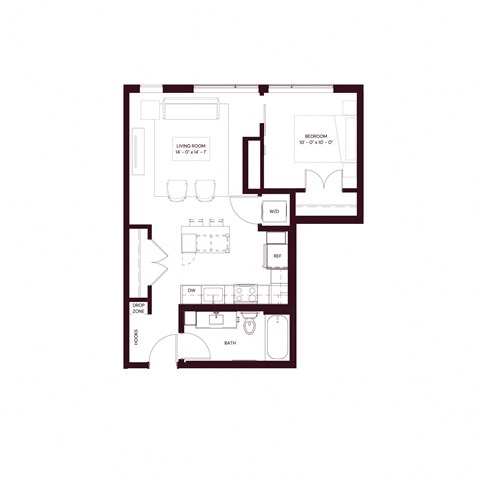 Floor plan for 1 bed, 1 bath, 590 sqft