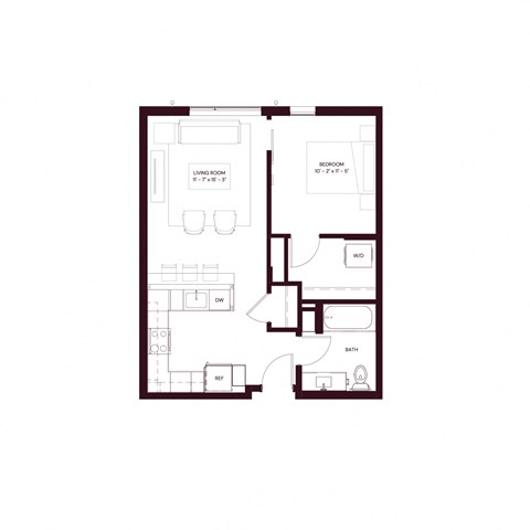Floor plan for 1 bed, 1 bath, 593 sqft