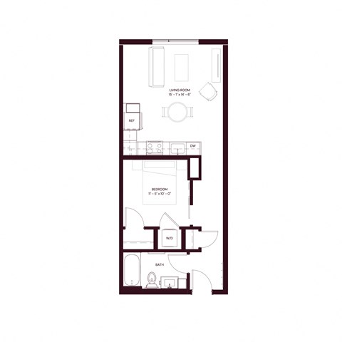 Floor plan for 1 bed, 1 bath, 552 sqft