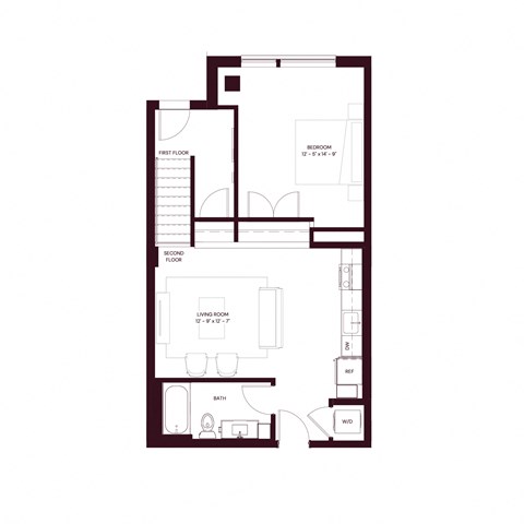 Floor plan for 1 bed, 1 bath, 722 sqft