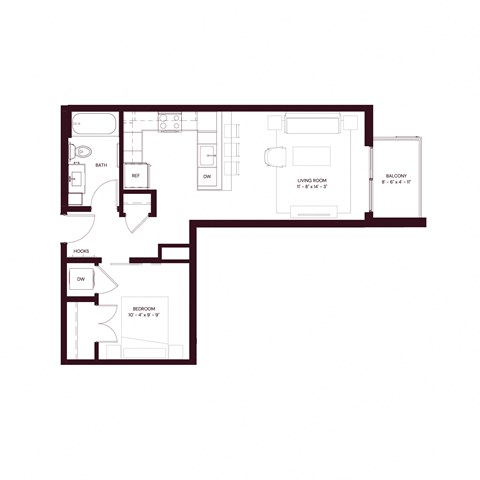 Floor plan for 1 bed, 1 bath, 566 sqft