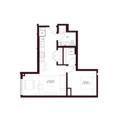 Floor plan for 1 bed, 1 bath, 633 sqft