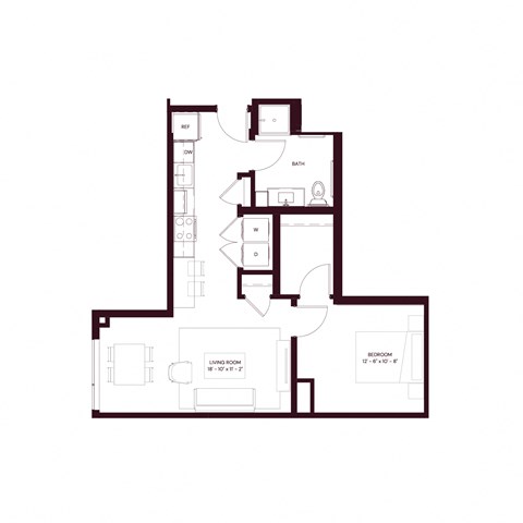 Floor plan for 1 bed, 1 bath, 633 sqft
