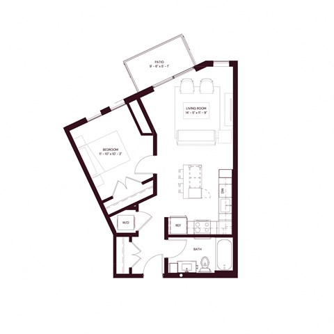 Floor plan for 1 bed, 1 bath, 595 sqft