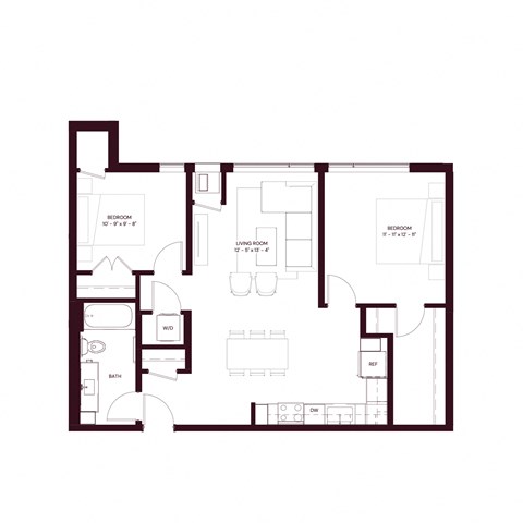 Floor plan for 2 beds, 1 bath, 908 sqft