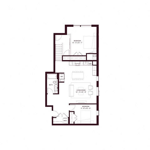 Floor plan for 2 beds, 1 bath, 1111 sqft