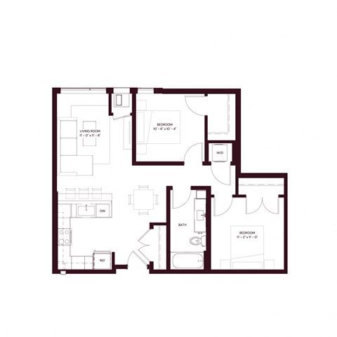 Floor plan for 2 beds, 1 bath