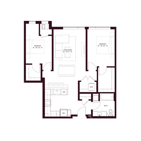 Floor plan for 2 beds, 1 bath, 957 sqft