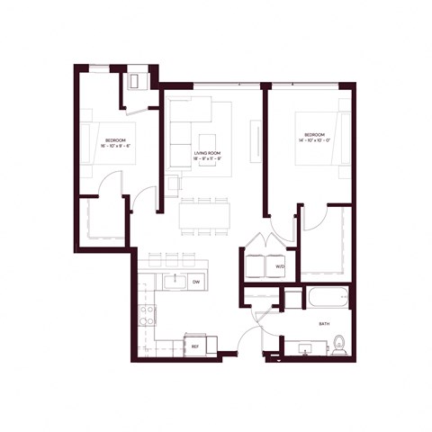 Floor plan for 2 beds, 1 bath, 957 sqft