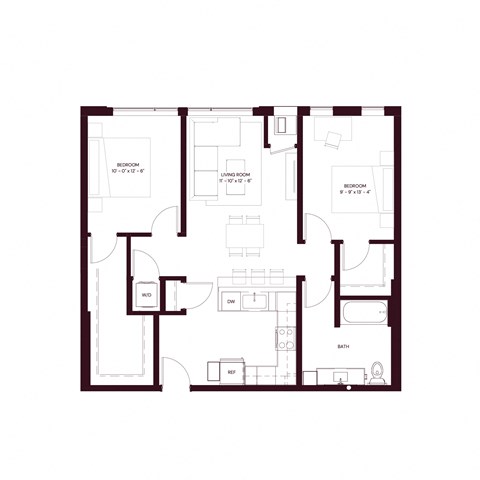 Floor plan for 2 beds, 1 bath, 940 sqft