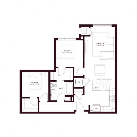 Floor plan for 2 beds, 1 bath