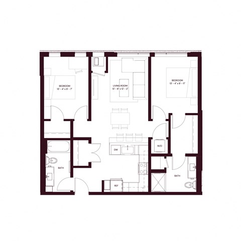 Floor plan for 2 beds, 2 baths, 940 sqft