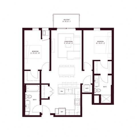 Floor plan for 2 beds, 2 baths, 972 sqft