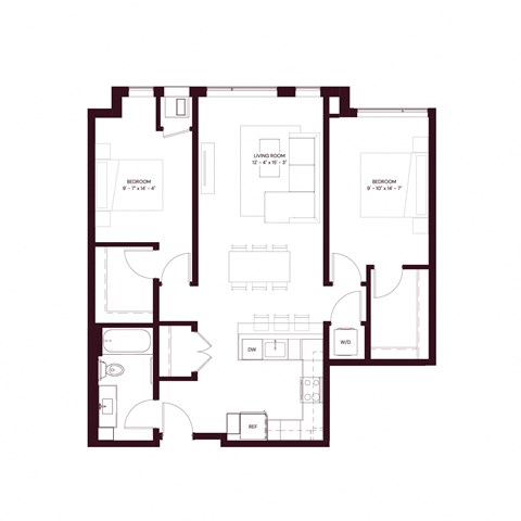 Floor plan for 2 beds, 1 bath, 1095 sqft