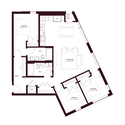 Floor plan for 3 beds, 2 baths